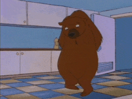 Cartoon gif. Bear from The Critic stands with his hands behind his back, glancing down nervously at the kitchen floor and moving the heel of his foot side to side.