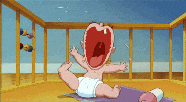 Cartoon gif. Baby Herman in Who Framed Roger Rabbit throws a fit in a playpen.
