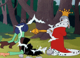 Cartoon gif. King Bugs Bunny in Rabbit Hood. He dons a crown and a cape and uses his scepter to smack a person to the ground. They try to get up and he smacks them again, making them flatten on the floor.