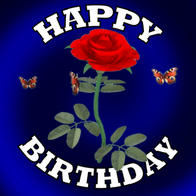 Digital art gif. A rotating red rose with butterflies flying around it has the text, "Happy Birthday," surrounding it.