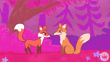 Digital art gif. Fox looks over at another fox, lifting her eyebrows suggestively. She sits next to the fox and wraps her tail around him. The two foxes kiss and look into each other's eyes lovingly.