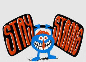 Illustrated gif. A blue dot with a toothy grin lifts up a dumbbell with the words "stay strong" on it.