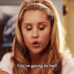 Celebrity gif. Upset Amanda Bynes says soberly, “You’re going to hell.”