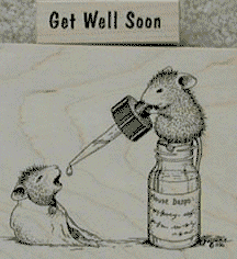 Illustrated gif. Sepia-toned illustration depicts a mouse sitting on a medicine bottle while it squirts a dropper into the mouth of a mouse below.