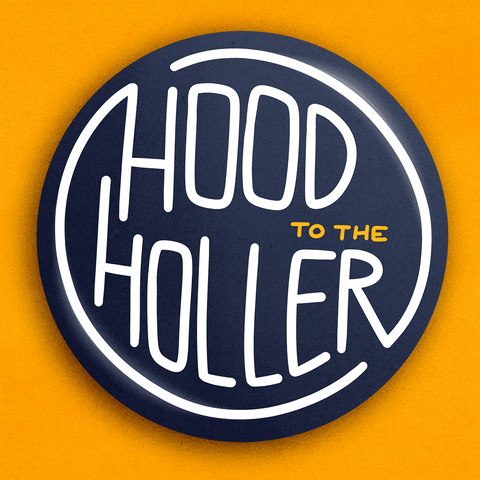 Text gif. Navy blue circle swivels side to side over a yellow-orange background. Text, “Hood to the holler.”