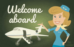 Digital art gif. An air attendant points at a small jet and smiles at us. Text, "Welcome aboard!"