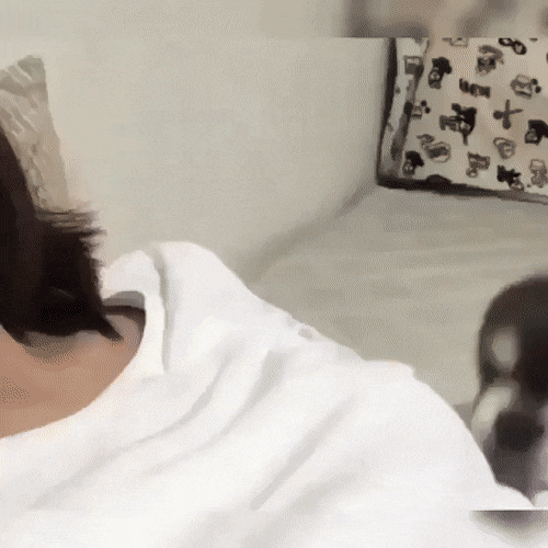 Video gif. A puppy jumps onto a woman’s chest and flops down, looking up at the woman with the biggest, cutest puppy eyes. 