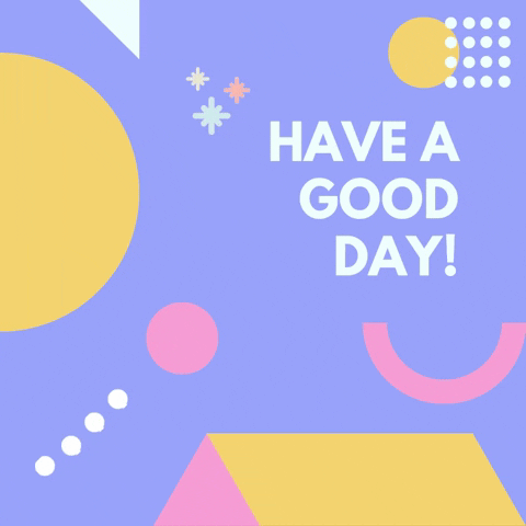 Fialový gif s obrazci různých tvarů a nápisem "Have a good day!".
