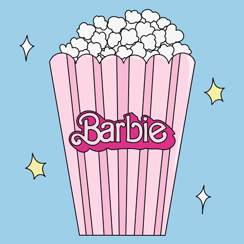 Digital illustration gif. Tall pink popcorn box with the word "Barbie" on it against a sky blue background with a few star shapes pulsing forward and backward. 
