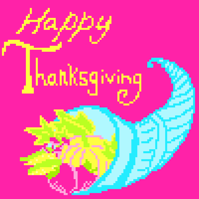 Illustrated gif. Pixelated rendering of a cornucopia on a hot pink background with bobbing yellow text that reads "Happy Thanksgiving."
