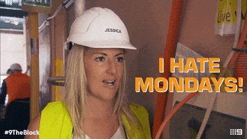 Reality TV gif. Jess Eva on The Block wears a hard hat and a yellow vest. She shakes her head as she says, “I hate Mondays.”