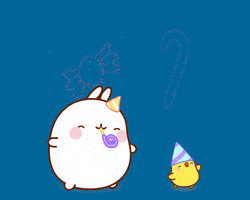 Kawaii gif. Molang a round rabbit and Piu Piu a yellow chick, dip and dance as they wear triangular party hats as candy shaped fireworks pop overhead.  
