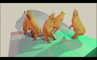 Illustrated gif. Five light brown bears dance in a floppy way on a colorful and quickly shifting dance floor.