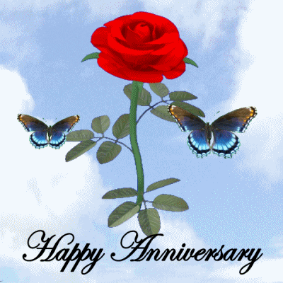 Illustrated gif. A red rose swivels over a blue sky with wispy white clouds and blue butterflies nearby. Text, "Happy Anniversary." 