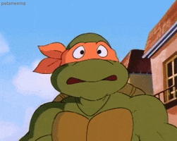 Cartoon gif. Michelangelo from the Teenage Mutant Ninja Turtles faces us with a fearful expression, eyes wide and mouth trembling