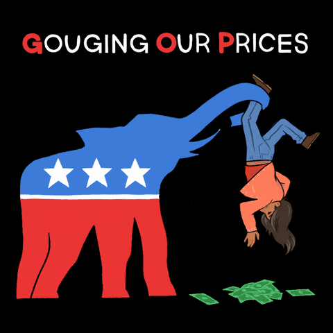Digital art gif. Blue and red elephant with three white stars picks up a person by the ankle and shakes them, spilling their money from their pockets against a black background. Text, “Gouging our Prices,” with the letters “GOP” highlighted in red.