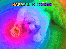 Video gif. Cat lays upside and looks up at us as he flexes his two front paws in and out of fists. Out of his paws shootout rainbow rays of light that covers everything we see. Text, “happy pride month.”