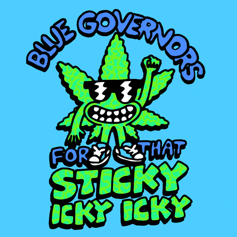 Digital art gif. Anthropomorphic marijuana leaf wearing big sunglasses and holding its fist in the air, surrounded by youthful bubble letters in blue and green on a cyan blue background. Text, "Blue governors for that sticky icky icky."