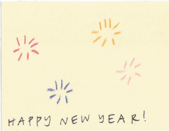 Animated gif - a yellow background with the text "happy new year" and small explosions that look like fireworks