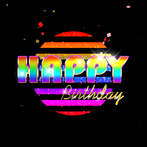 Digital art gif. Glitter falls over a shimmering rainbow circle. In sparkling rainbow letters and gold script text reads, "Happy Birthday."