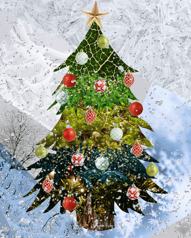 Digital illustration gif. Christmas tree with colorful bulbs topped with a gold star appears to dance as snow falls against a mosaic background of snowflakes and ice.