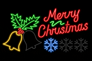 Digital art gif. An illustrated animation of blinking neon against a black background. A bell "swings" back and forth under a sprig of holly, a snowflake "moves" left to right, and the text "Merry Christmas" blinks on and off.