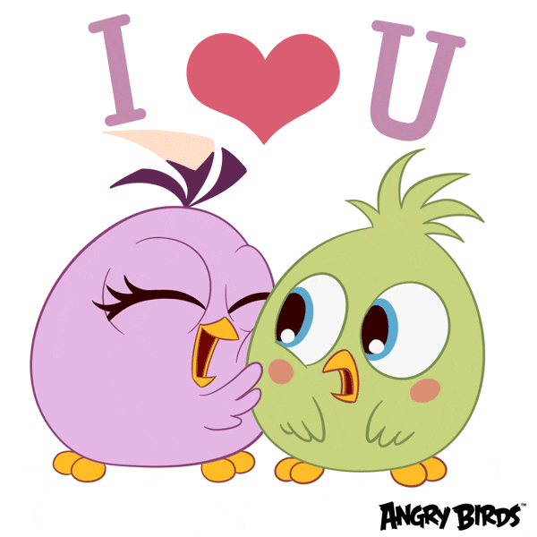 Cartoon gif. Two egg-shaped birds, based off of the Angry Birds designs, stand under text. The first bird has long eyelashes and a wide open smile. She hugs and nuzzles up to the other bird, who appears shocked. Text, "I heart U" 