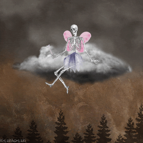 Digital art gif. A skeleton with pink wings and a butterfly wand kicks its bony legs happily over the edge of an ominous grey cloud. 