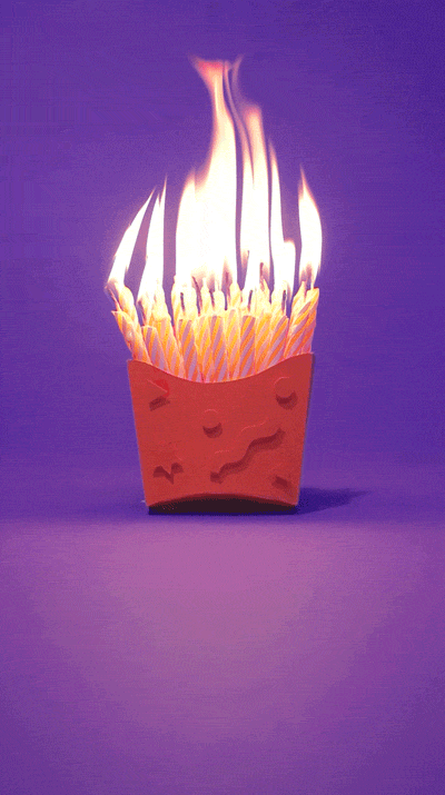 Video gif. Yellow candles in a cardboard French fry holder emit intense flames against a bright purple background. 