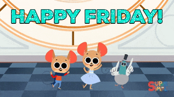 Digital art gif. Two mice and one pigeon jump back and forth from one foot to the next and they put their hands up in happiness. Text, "Happy Friday!"