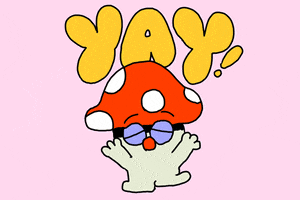 Illustrated gif. A personified mushroom with purple eyelids closed dances around with arms waving. Text, "Yay!"