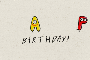 Text gif. Cute letter characters with big eyes and tiny legs hop into the frame, spelling out the word "Happy" above jagged lightning bolt letters that spell "Birthday."