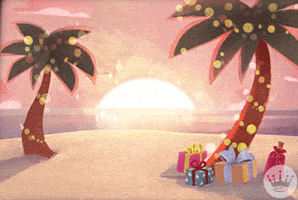 Illustrated gif. A sunset on a tropical beach with Christmas lights on the palm trees and Christmas presents beneath.