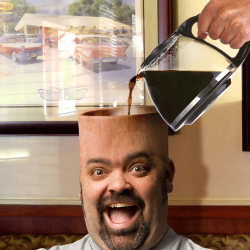 Photo gif. Coffee pours into the open mug-shaped head of a bearded man whose mouth gapes open in a surprised smile.
