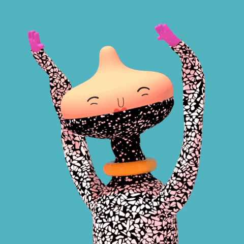Illustrated gif. Smiling person with a wide head wearing a black shirt with a white splatter pattern, swirling arms in the air slowly.