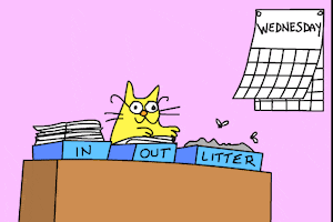 Illustrated gif. Yellow cat sits behind a desk holding three trays, one labeled "in," one labeled "out," and the third labeled "litter," above which flies hover.