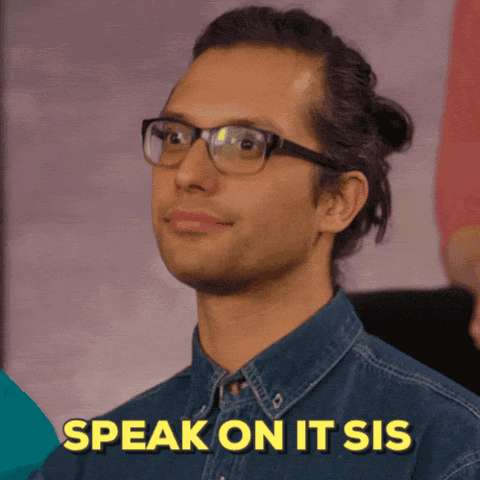 Video gif. A man wearing glasses, with his hair pulled back in a bun, nodding righteously. Text, "speak on it, sis."