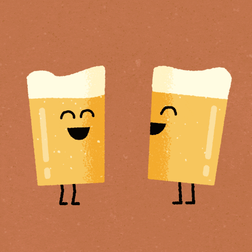 Kreslený pohyblivý obrázek se dvěma sklenicemi s pivem a s obličeji, ťukajícími si k přípitku.