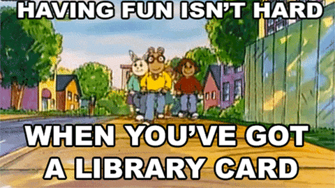 A GIF of anthropomorphic cartoon animals walking down the street while holding library cards. Overlaid is text that reads 'HAVING FUN ISN'T HARD WHEN YOU'VE GOT A LIBRARY CARD'