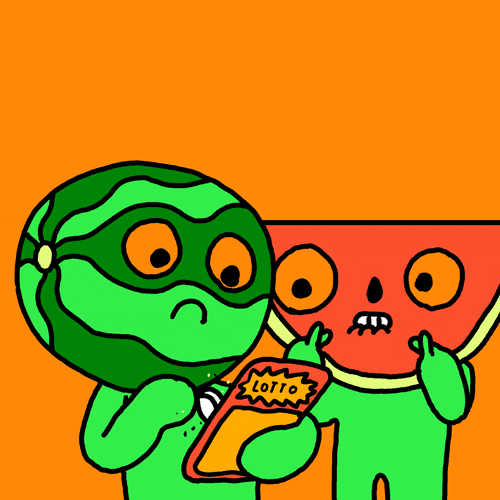 Cartoon gif. Two animated watermelon people tremble with anticipation while one scratches a lottery ticket and the other waits to see the results. 