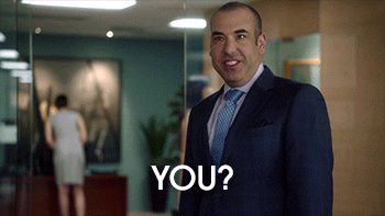 TV gif. Rick Hoffman as Louis in Suits speaks slowly as he gestures toward someone and says, "You?"
