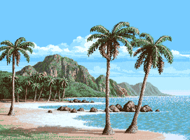 Digital art gif. Palm trees on a beach with mountains in the background and a clear blue sky.