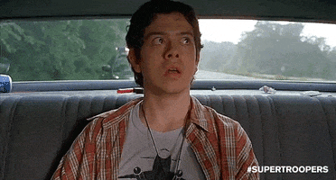 Movie gif. Geoffrey Arend as College Boy 3 on Supertroopers. He's sitting in a car and is incredibly high and paranoid. He looks around, shocked, and is freaking out.