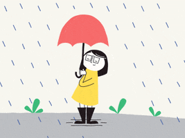 Illustrated gif. A woman in a yellow raincoat and glasses stands in a puddle, holding a red umbrella. She jumps up and splashes in the water and she happily sniffs the air. Text, "Sniff, sniff." 