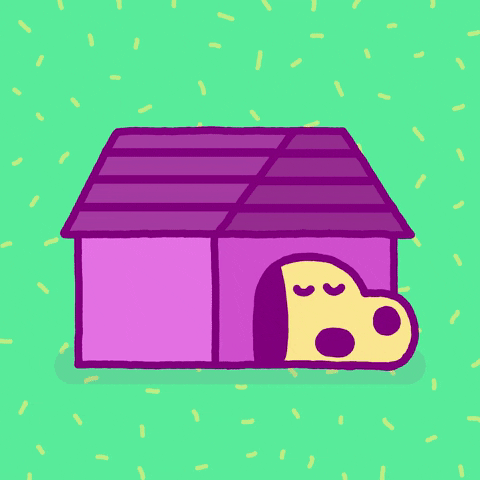 Illustrated gif. Butter yellow dog breathes in and out as it snoozes in a purple dog house.