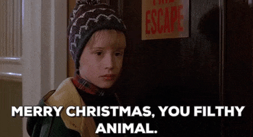 Movie gif. Macaulay Culkin as Kevin in Home Alone 2. He snarls at someone and says,"Merry Christmas you filthy animal," before opening a door and running away.