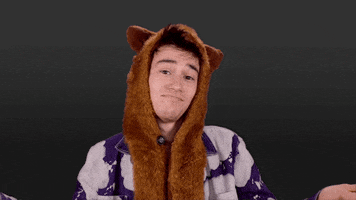 Celebrity gif. Jacob Collier looks at us as he wears a fuzzy long hair with animal ears on it. He shakes his head with a smirk on his face and wiggles his eyebrows.