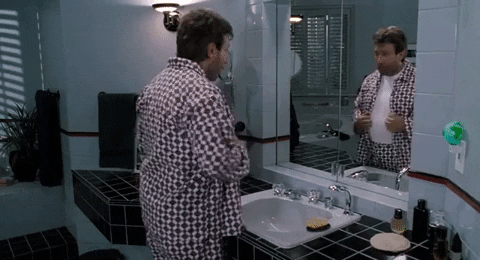 mirror, christmas movies, tim allen, the santa clause, weight gain, big belly, beer belly, middle age, putting on weight – GIF