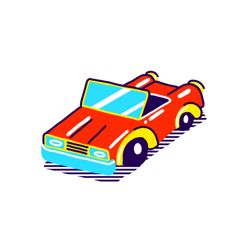 Illustration gif. A red car with hydraulics springing up and down.