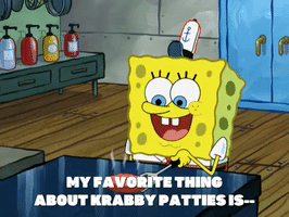 SpongeBob SquarePants gif. SpongeBob cooks a patty and starts to say what his favorite things about Krabby Patties is, then scratches his eyes and coughs and says, "That's funny, my eyes feel itchy. And my throat feels scratchy too."